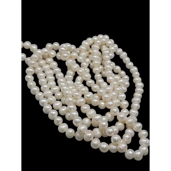 Freshwater Ringed Pearl Necklace 80" Glowing Bridal White 9mm-10mm Free Form